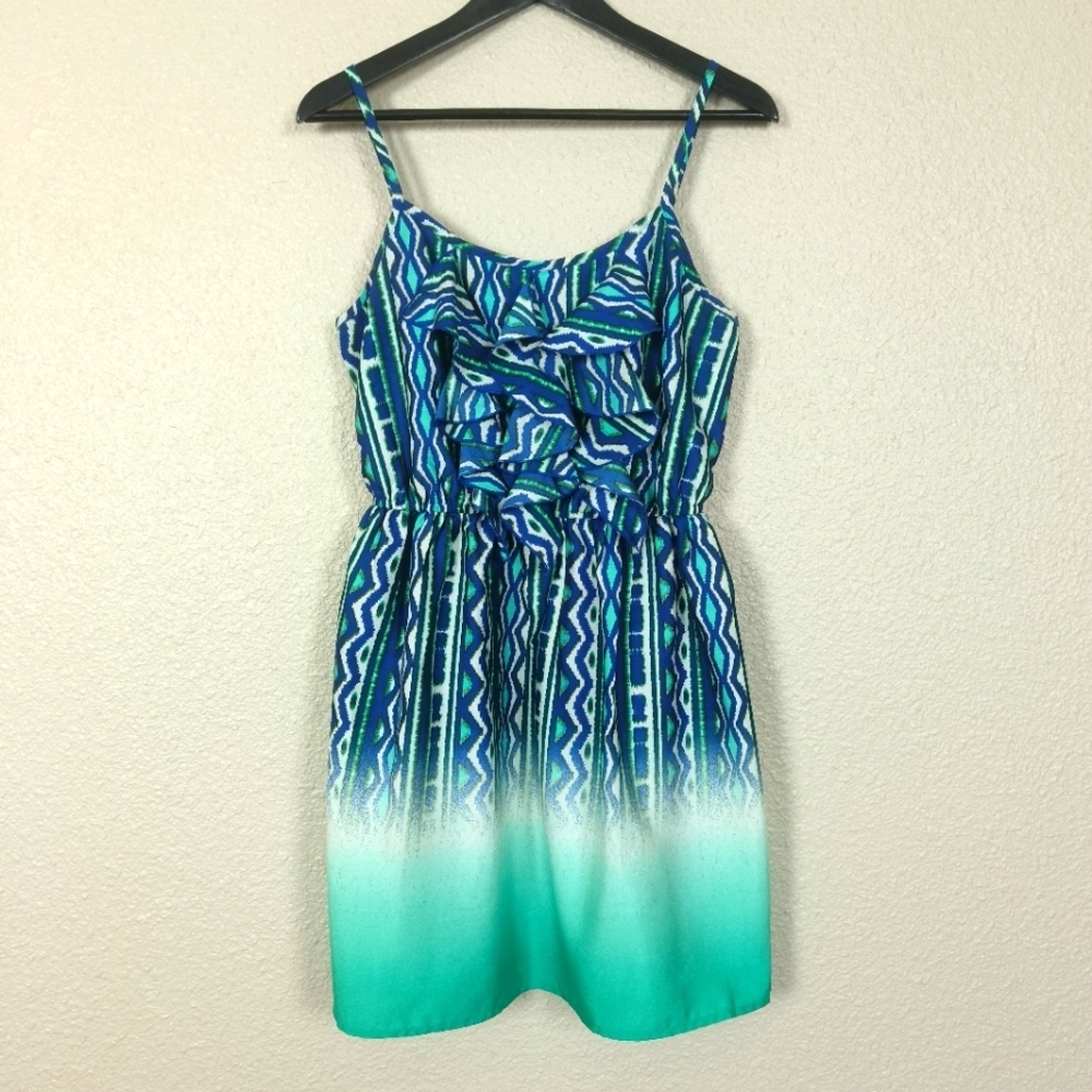 sequin hearts light strap dress with blue‎ and green ruffles size M